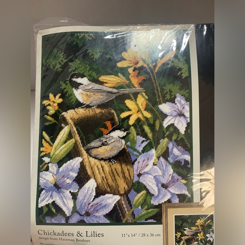 New Dimension chickadee & lilies needle point kit with yarn. new in package.